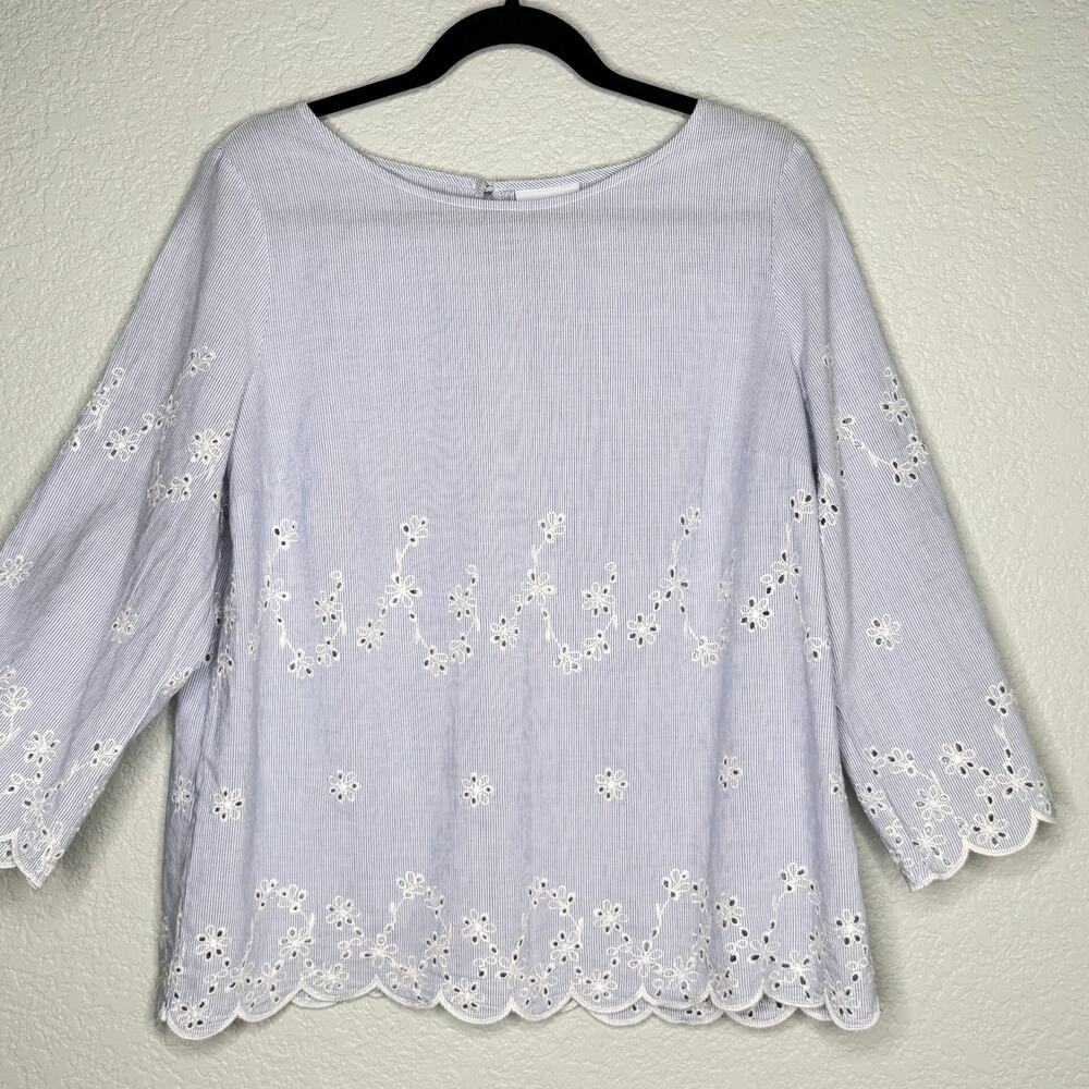 Liz Claiborne Light Blue Striped Embroidered Cotton Blouse Large